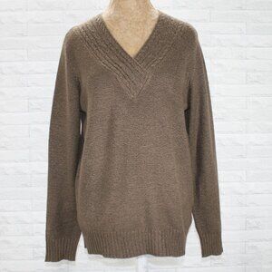 LAURA SCOTT Sweater Knit V neckline Cable Stitch Neutral Classic Brown Taupe L